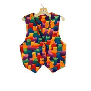 Handcrafted, handsewn girls, cat vest, silver cat buttons size Ex small